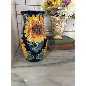 Vintage Hand Painted Sun Flowers Mexican Talavera Flowered Pottery Vase 9” Tall